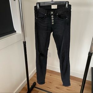 McGuire Denim Button-Front Skinny Jeans, Black, Distressed, Size 25